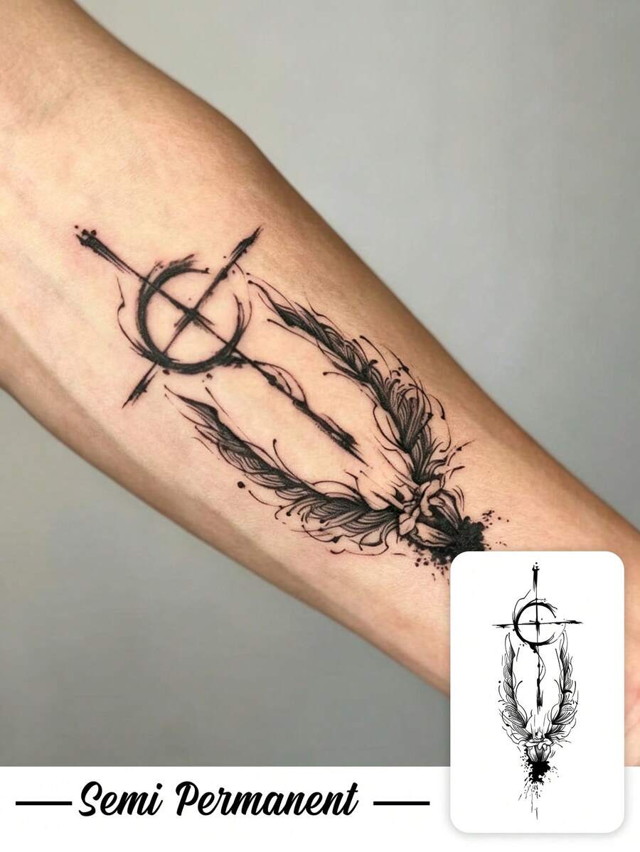 1pc Herbal Dark Style Abstract Cross Feather Ink Wash Pattern Tattoo Sticker, Temporary Tattoo Sticker, Realistic Tattoo Design, Suitable For Travel, Music Festival, Games, Graduation Gifts, Lasts For 7-14 Days - Black - View 1