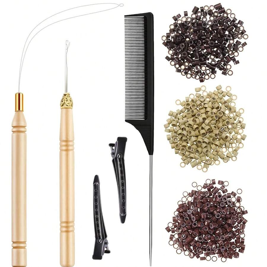 Kit de herramientas para extensiones de cabello, 100 piezas de cuentas de silicona, 2 ganchos de ganchillo, 2 pinzas de pico de pato, para accesorios de herramientas de peinado profesional - Ver 1