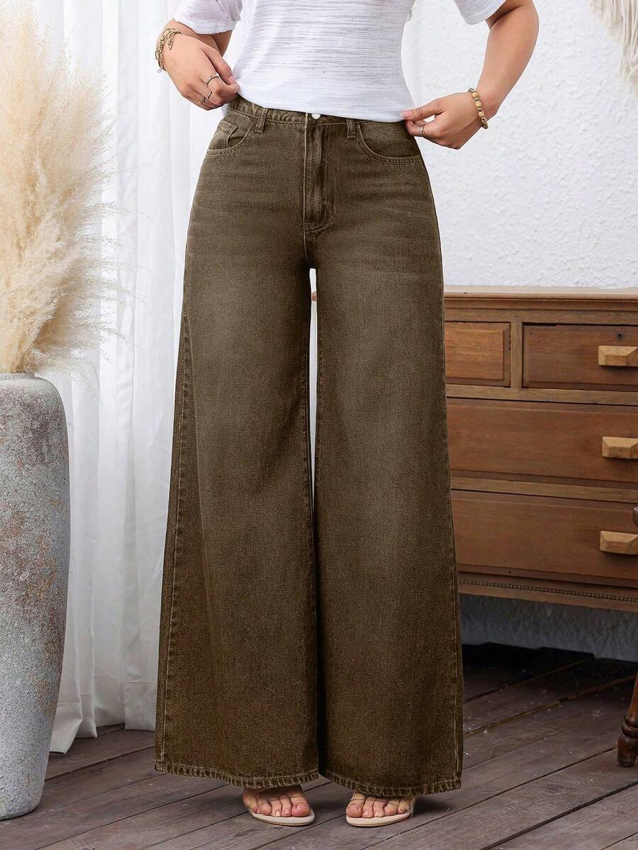 Plus Size Women's Casual Wide Leg Jeans With Pockets - Brown - View 1
