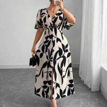 LunaCass8  Vestido de mujer de elegancia francesa, versátil, con escote en V, cintura ceñida, línea A, decoración con botones, volante en el bajo, manga farol hasta la mitad, adecuado para ir al trabajo, negocios, casual, vacaciones, té de la tarde, festival de música, estilo campestre bohemio - Óxido marrón - Ver 2