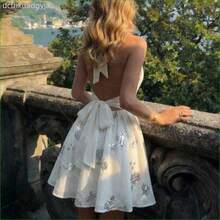MOD Vestido mini con espalda descubierta, lazo y estampado floral abstracto fluido - Albaricoque - Ver 1