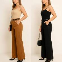 Kit 2 Women's Wide Leg Pants With Belt - 黑色/焦糖色 - 查看 4