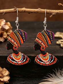 1 Pair Painted Portrait Wooden Earrings, Exotic Ear Jewelry - Multicolor - View 2