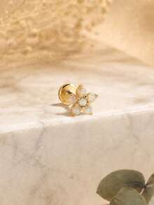 1Pc S925 Sterling Silver Flowers Opal Nose Stud Flat Back Hypoallergenic Cartilage Body Piercing Jewelry Nose Rings For Women Men Daily Wear & Gifts - Gold - View 2