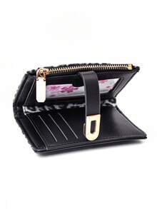 Classic Fashion Leopard Print Patchwork Short Wallet, Compact And Lightweight PU Wallet With Card Slots And Snap Closure - Black - View 3