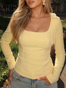 Women's Ribbed Long Sleeve Square Neck Fitted Pullover Sweater, An Ideal Choice For Casual Fashionable Looks In Autumn - Yellow - View 4