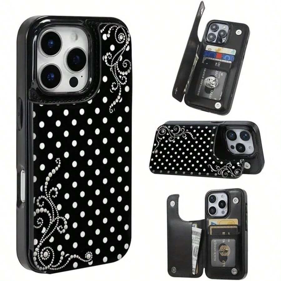 Pearl Polka Dot Dream Patterned Card Holder Leather Case Is Compatible With IPhone 17 Pro Max/Air/16/15/14/13/12/11.For Samsung S22/S23/S24/25. It's An Ideal Gift For Christmas, Valentine's Day, And New Year's, Perfect For Boyfriends, Girlfriends, And Family. - màu đen - Xem 1