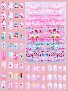 NAIO 120-Piece Pack (5 Styles) Of Children's Press-Type False Nails, Acrylic Material, Full Coverage, Cute Cartoon Rainbow Heart Glossy Press-Type False Nail Set, Short Oval False Nail Set, Comes With 3 Pieces Of Tape And 3 Nail Files. - Multicolor - View 20