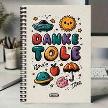1pc Cute Cartoon Style Spiral Coil Notebook, Eye-Catching Cover With Colorful Letters, Sun, UFO Patterns, 100 Pages 50 Sheets, Suitable For Work Records, Study Notes, Daily Planning, Graduation Gift, Birthday Gift, Diary, Memo Writing - C - View 5