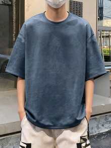 1件青少年男孩休閒戶外運動極簡麂皮T恤，夏季 - 寶藍色 - 查看 6