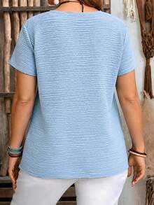 Plus Size Light Blue Crinkle Textured Notched V Neck Half Button Short Sleeve Loose Blouse Summer - Blue - View 2