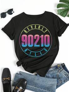 Women's Pure Cotton Short-Sleeve Graphic T-Shirt With Beverly 90210 Print - Black - View 5
