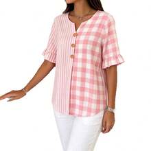 2026 Summer New Casual Printed Plaid And Striped Patchwork Cotton-Linen Short-Sleeve Women's Blouse - Light Blue - View 5