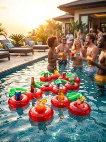 Double Cherry Inflatable Cup Holder And Coaster, Dual-Opening PVC Floating Drink Tray, Multi-Functional For Pool Party, Beach, Swimming, Home Decor, Photo Props, Summer Water Floating Accessories - Inflatable Coasters - View 7