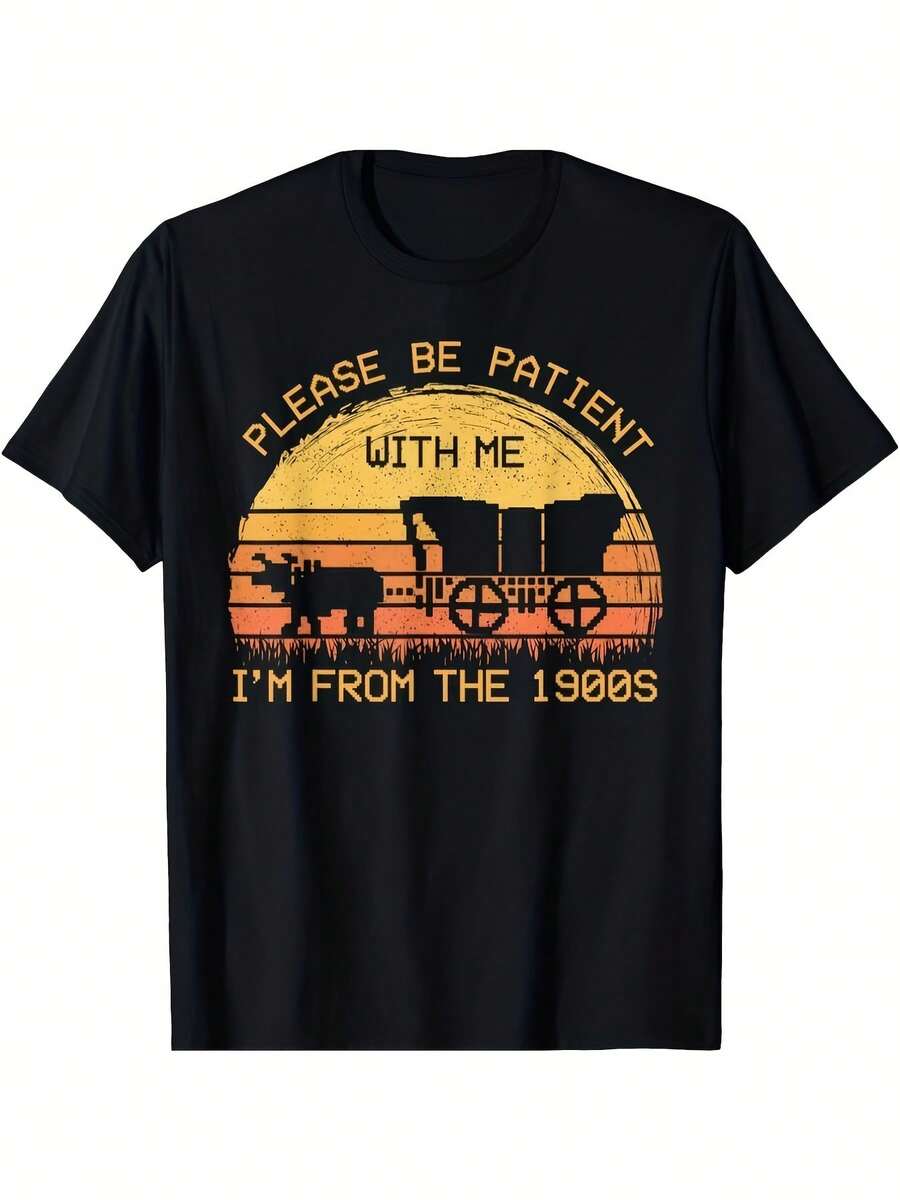 Men's Vintage 1900s Humor T-Shirt - Funny "Please Be Patient With Me I'm From The 1900s" Retro Graphic Tee, Black Suitable For Parties, Festivals Wear - Black - View 1