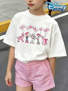 Disney Pink Toy Story T-Shirt, Woody, Buzz Lightyear, And Other Characters Holding Pink Mickey Balloons, Sweet And Cute Casual Top Print Pattern Summer Tops,Short-Sleeved Casual And Cute Style  Children's Clothing Design, Girl Clothes For Kids Clothes ,Ropa Para Niños,Teen Girls Clothes, Summer Clothes,Boys Summer Outfits,Boys Clothes,Perfect For Cool Girls. Comfortable And Breathable Children's Short-Sleeved T-Shirt. Comfortable And Casual Wear All Year Children's Clothes,Comfortable & Lightweight, Iconic Print For Mix-And-Match Outfits,Suitable For Both Boys And Girls. - White - View 1