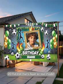 Customizable Photo And Name Football Theme Birthday Background With Flame Gold Balloons, Victory Ribbon Design Vinyl Material For Birthday Celebration Decor And Photography Props - Green - View 5