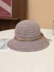 1 pieza Sombrero de paja tejido hueco de ala ancha de unicolor para mujer, primavera verano otoño, moda europea & americana vintage elegante sombrero de cubo de paja, versátil para uso casual al aire libre viajes vacaciones - A - Ver 8