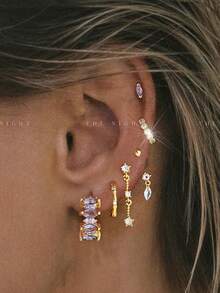 Set de 6 piezas de pendientes y clips de oreja con cadena de bambú con textura y circonita púrpura exquisita de un solo lado, conjunto minimalista y elegante adecuado para citas, fiestas y uso diario de mujeres - Amarillo Oro - Ver 1