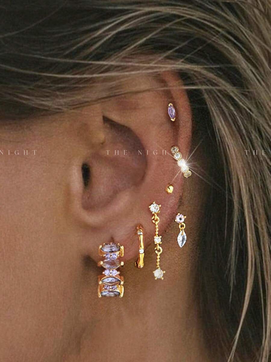 Set de 6 piezas de pendientes y clips de oreja con cadena de bambú con textura y circonita púrpura exquisita de un solo lado, conjunto minimalista y elegante adecuado para citas, fiestas y uso diario de mujeres - Amarillo Oro - Ver 1