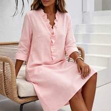 2026 Summer New Loose Comfortable Casual V-Neck Ruffle Solid Color Women's Dress - Apricot - View 3