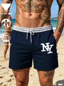 Classic NY Logo Swim Trunks, Quick-Dry Elastic Waist Beachwear With Side Pockets - Multicolor - View 3
