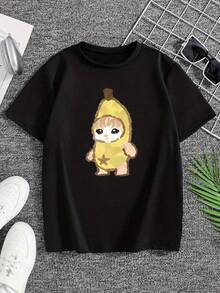 Camiseta de Polyester  - Estilo Casual y Sencillo con Estampado de Perezoso en Disfraz de Plátano - Manga Corta y Cuello Redondo, Suave y Cómoda, Moda Urbana  Todas las Estaciones, Ropa Casual de Calle - Negro - Ver 1
