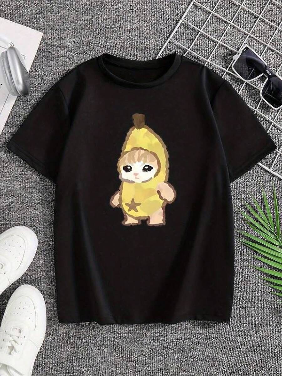 Camiseta de Polyester  - Estilo Casual y Sencillo con Estampado de Perezoso en Disfraz de Plátano - Manga Corta y Cuello Redondo, Suave y Cómoda, Moda Urbana  Todas las Estaciones, Ropa Casual de Calle - Negro - Ver 1