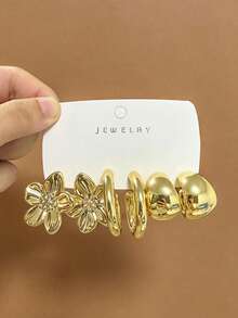 6pcs/18pcs Fashion Floral & Geometric Multi- Gold Earrings, Lightweight CCB Material, Women's Fashion Earring Set, Suitable For Daily And Holiday Wear - Multicolor - View 3