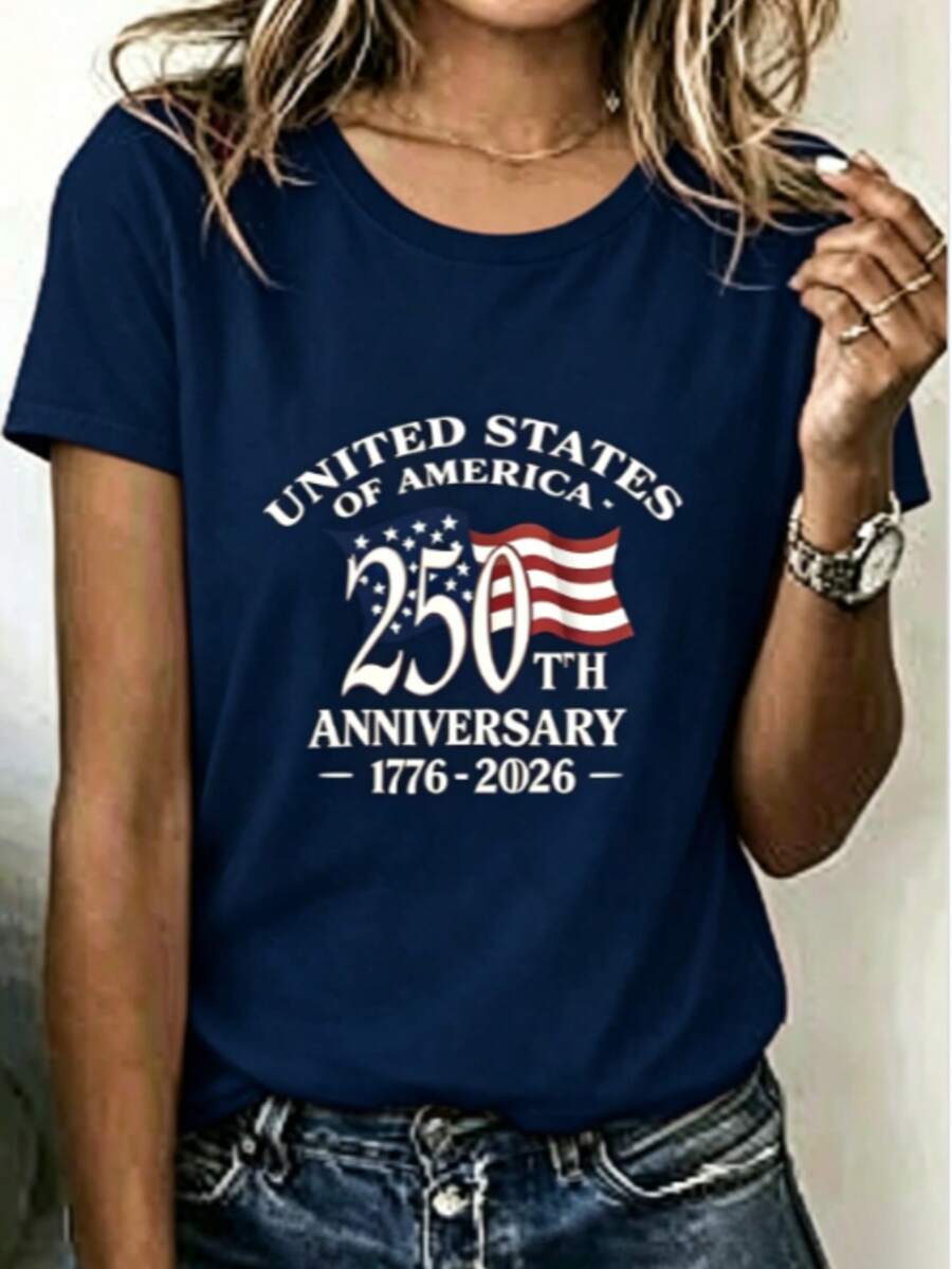 Loose V Neck Red Women's Tee Curved American Text Floating Star Strip Flag Print, Silky Smooth Top For Patriotic Anniversary Holiday Wear - 藏蓝色 - 查看 1