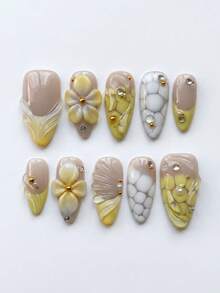 10 unhas postiças artesanais de tamanho médio em forma de amêndoa, pontas francesas com flor amarela 3D e redemoinho transparente, com decorações de nail art, removíveis e reutilizáveis, conjunto de suprimentos para unhas (inclui cola gel e lima de unhas), unhas press-on feitas à mão - Amarelo - Ver 1
