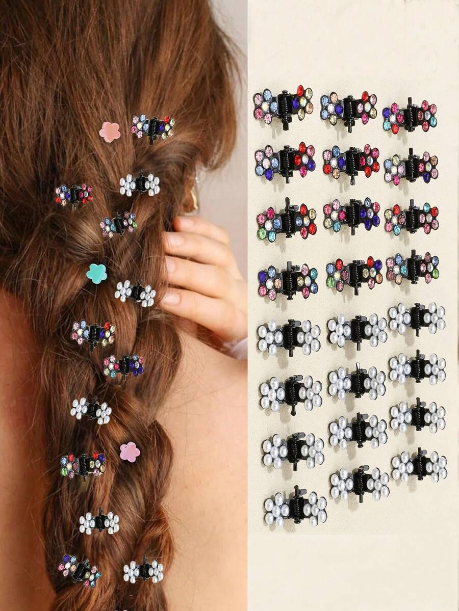 Juego de 24 piezas de lindos clips para el cabello con strass brillante - Accesorios para el cabello de aleación mini de color aleatorio, adecuados para peinados diarios de mujeres, pinzas para el cabello - Multicolor - Ver 1