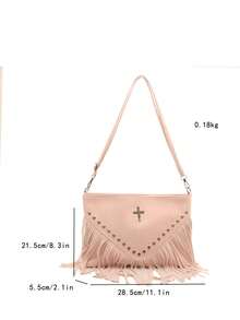 Bolso bandolera de cuero retro de moda, bolso de hombro estilo bohemio con flecos y remaches, cartera cuadrada casual, bolso de mensajero adecuado para viajes y uso diario, bolso bandolera d - Rosa Pálido - Ver 4