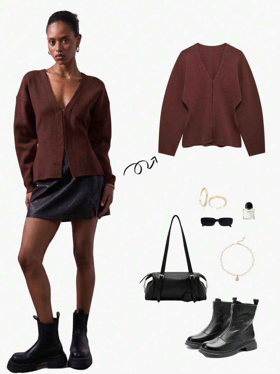 Cardigan casual lavorato a maglia in colore unito, ampio, da donna YROOE - Castano - Visualizzare 1