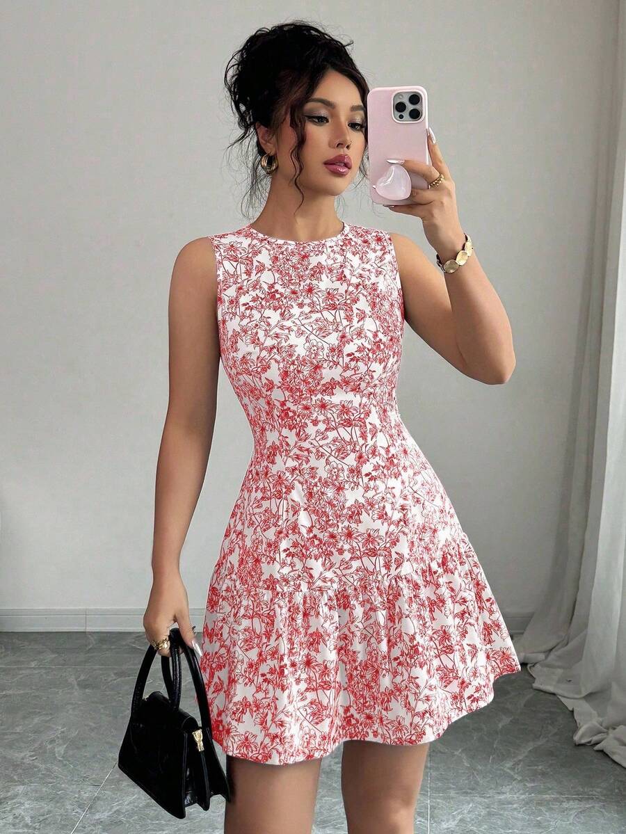 mini con estampado floral de estilo bohemio, sin mangas, con cinturón. Diseño elegante francés, adecuado para la temporada de graduación y atuendos de verano - Rojo - Ver 1