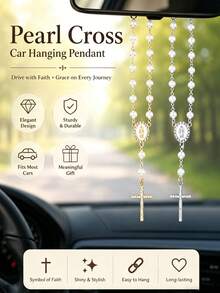 Pearl Cross Car Hanging Pendant, Imitation PearlRosary Rearview Mirror Dangle Charm, Religious ChristianDecor, Elegant Auto Interior Accessories For Women,Perfect Gift For Her, Car Charms & Ornaments - A - View 1
