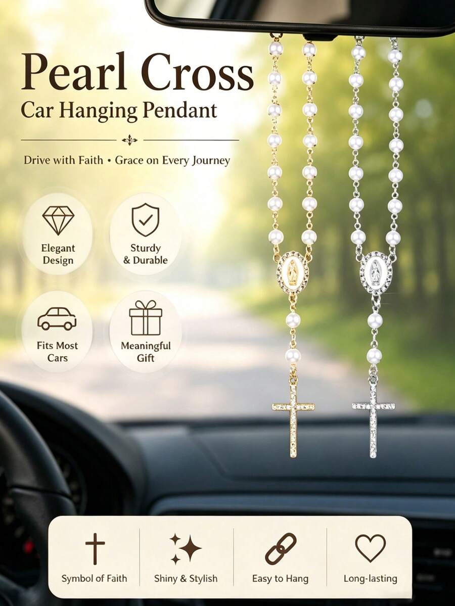Pearl Cross Car Hanging Pendant, Imitation PearlRosary Rearview Mirror Dangle Charm, Religious ChristianDecor, Elegant Auto Interior Accessories For Women,Perfect Gift For Her, Car Charms & Ornaments - A - View 1