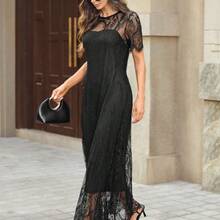 dagjydgfyja  Conjunto de vestido de encaje negro de manga corta de unicolor elegante para mujer, uso versátil para festival de música, viajes, citas, vacaciones. Conjunto de dos piezas de encaje negro. Conjunto de tres piezas para mujer. Vestido de encaje negro hasta el tobillo elegante vestido midi elegante ropa femenina oscura. Vestidos de encaje elegantes para mujer. Vestido formal elegante para mujer. Atuendos de primavera para mujer en París. Vestido negro para mujer. Vestidos de lujo para mujer. - Burdeos - Ver 6