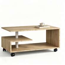 1 Piece Functional Rolling Coffee Table, 90x5icm Wheeled Multi-Tier Storage Table, Great For Living Room, Office & Small Apartments, Coffee Table, Low Table, Side Coffee Table, Rolling Tea Table, Home - Wood Color - View 1