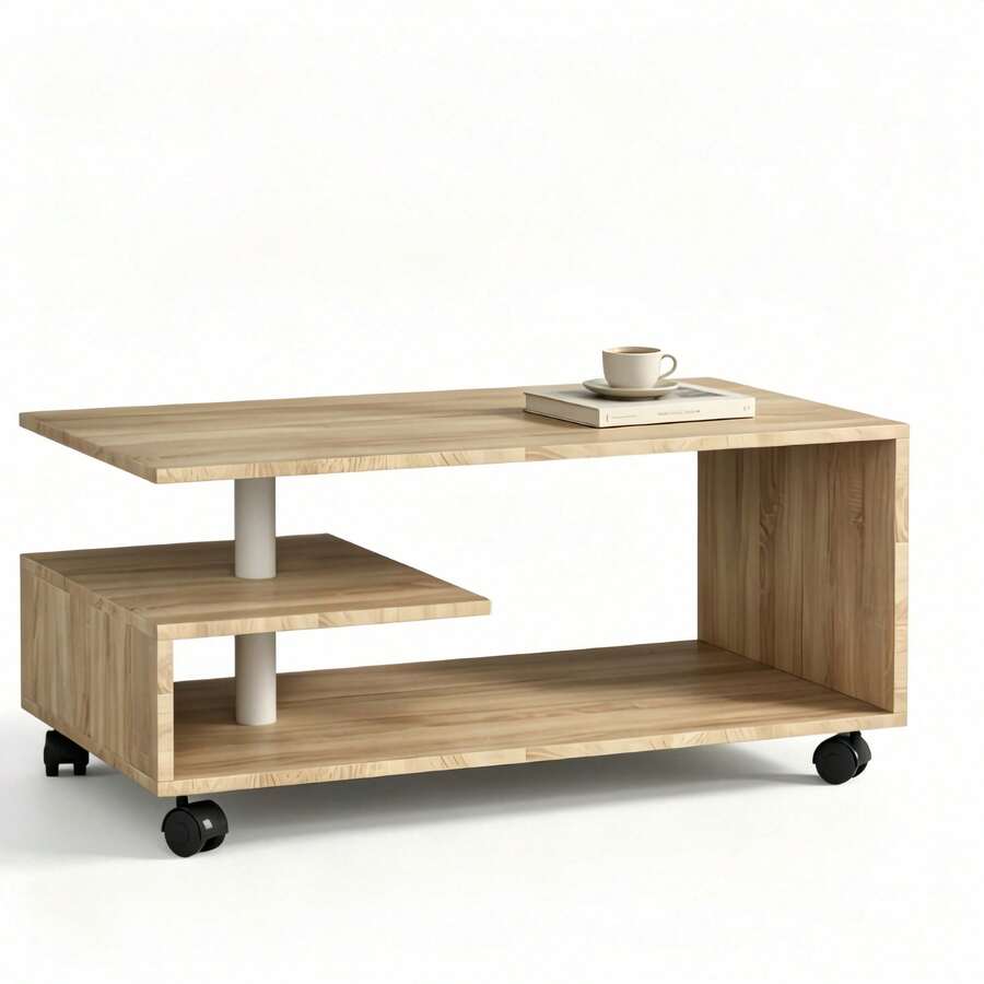 1 Piece Functional Rolling Coffee Table, 90x5icm Wheeled Multi-Tier Storage Table, Great For Living Room, Office & Small Apartments, Coffee Table, Low Table, Side Coffee Table, Rolling Tea Table, Home - Wood Color - View 1
