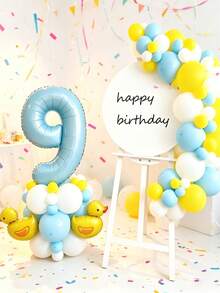 可愛小鴨數字生日氣球套組，包含嬰兒藍數字鋁箔氣球、小黃鴨鋁箔氣球、乳膠氣球等多款，適合作為兒子與女兒的驚喜禮物，也適合小黃鴨主題生日派對裝飾 - 查看 1