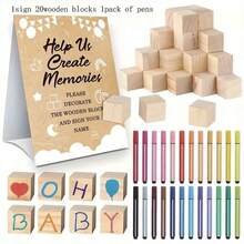 Babyparty Dekorationsspielset, enthält "Hilf uns Erinnerungen zu schaffen" Schild, 20/30/50 DIY Blanko-Holzblöcke, 1 Packung Stifte, kann als Hochzeits- oder Babyparty-Spielpreis verwendet werden. - Kamelfarben - Übersicht 7
