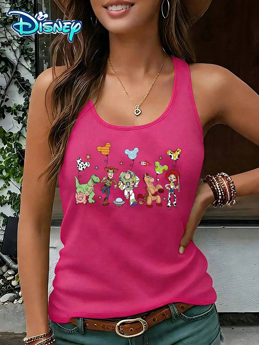 Disney Official Authorization | Women's Casual Round Neck Sleeveless Vest. With Toy Story As The Theme, It Is Fun And Playful To Match The Characters With Mickey Balloon Prints. It Is A Fun Item For Theme Park Dressing And An Ideal Choice For Showcasing Fairy Tale Style. - Màu Hồng Tươi - Xem 1