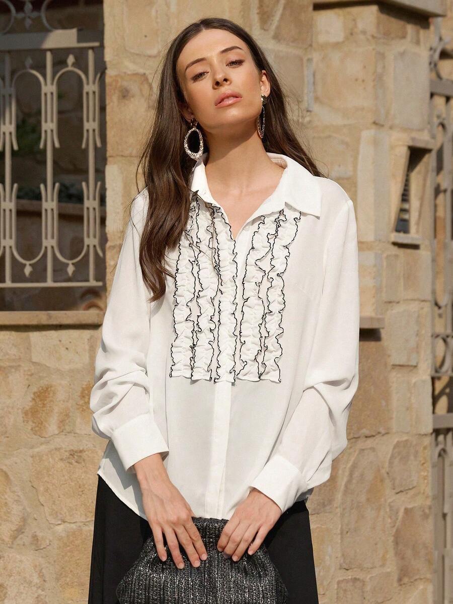 2026 Blusa elegante holgada con ribete de volantes para mujer, primavera y verano - Blanco - Ver 1