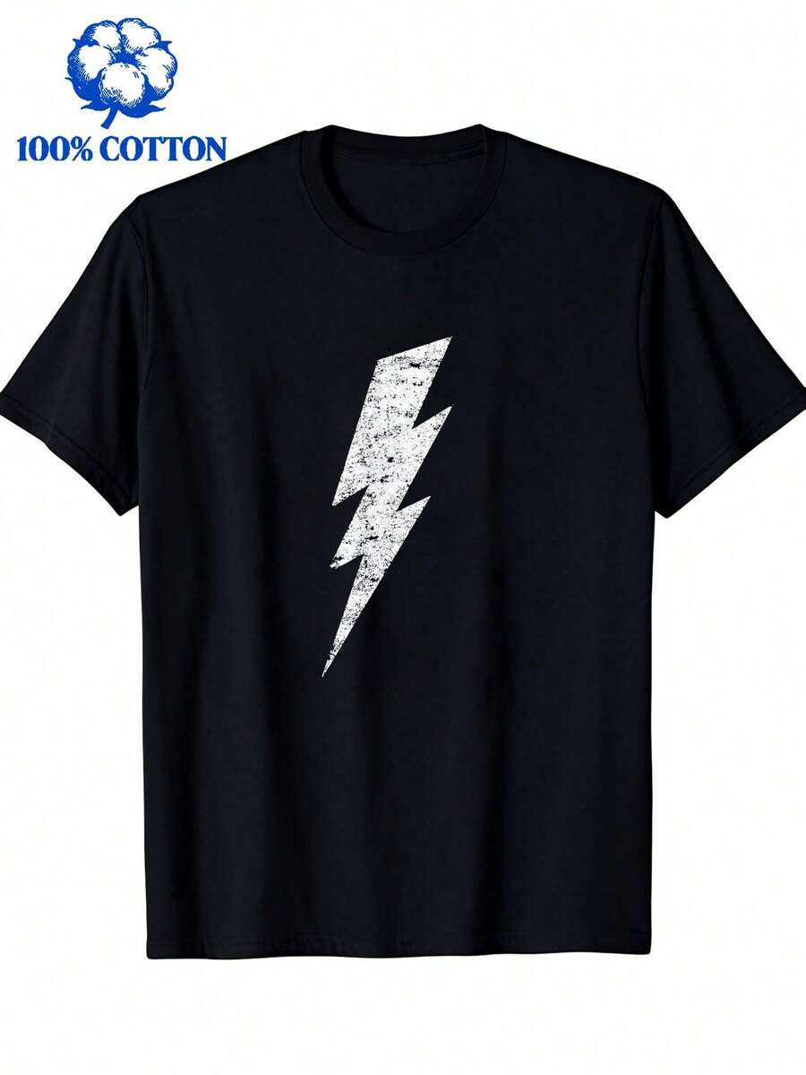 Bolt T-Shirt - With Minimalist, Washed White Graphic Design, Short Sleeves, Crew Neck, Casual Shirt For The Gym And Everyday Life - Suitable For All Seasons (Washable). - 黑色 - 查看 1