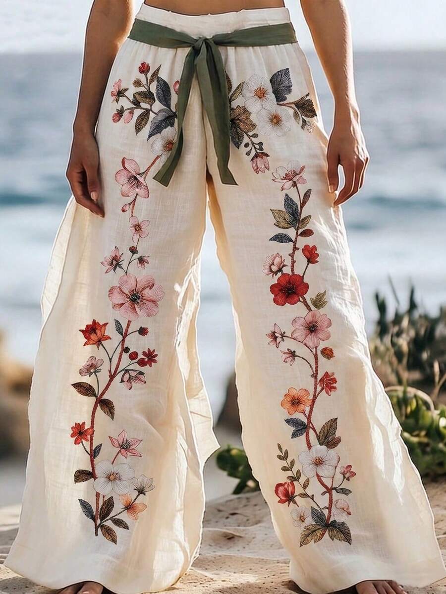Pantalones anchos casuales de mujer con estampado floral suelto - Multicolor - Ver 1