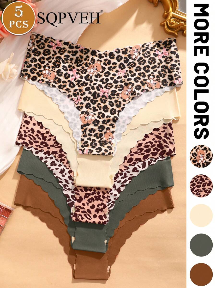 SQPVEH 5pcs Solid Color & Leopard Print Wavy Edge Design Sexy Seamless Smooth Breathable Women's Panties