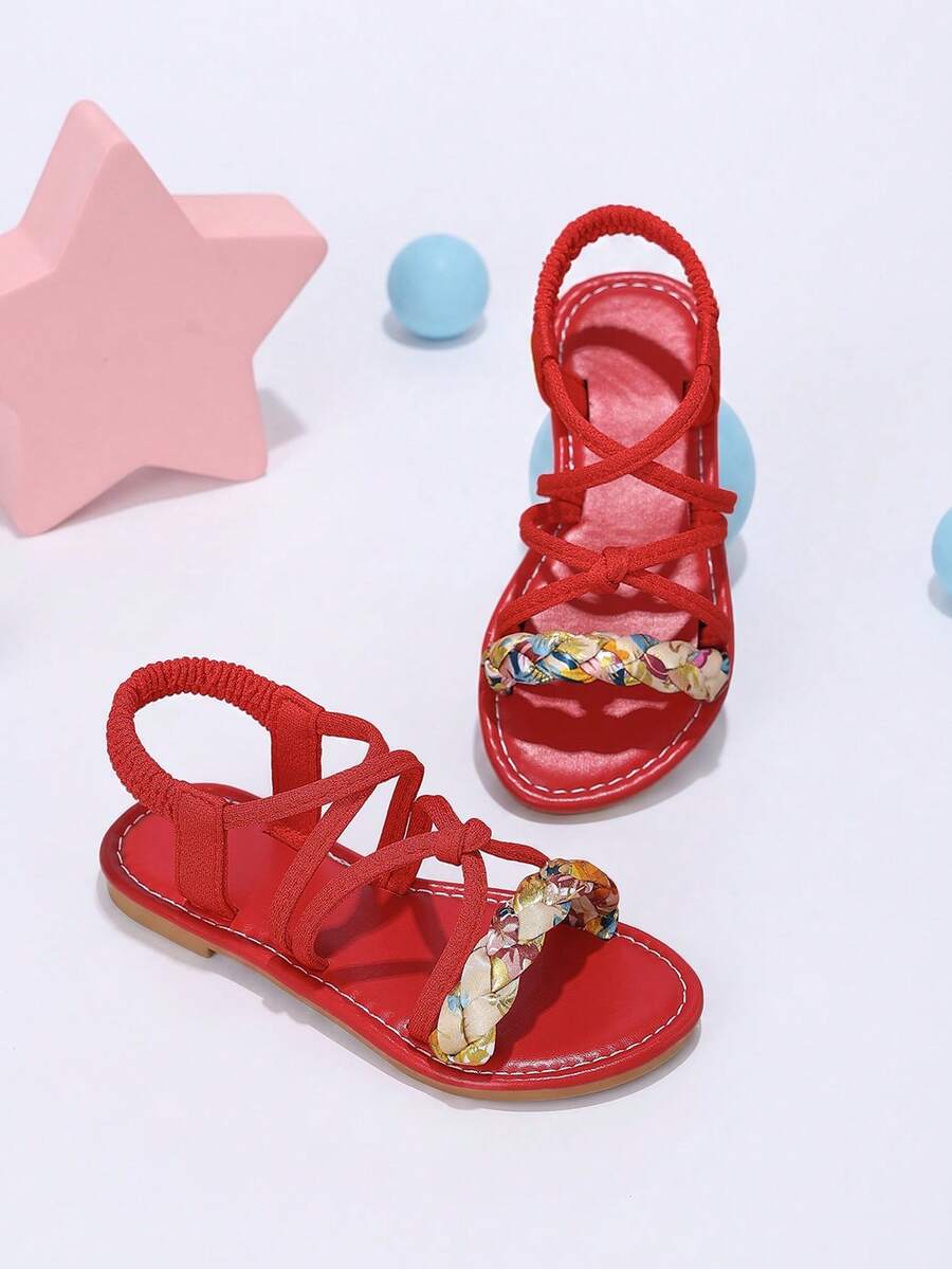 1 Pasang Sandal Musim Panas Anak Perempuan dengan Tali Silang Kain, Desain Tali Kepang Warna-warni, Sandal Pantai Minimalis Serbaguna Bergaya Retro Merah dengan Tali Elastis, Cocok untuk Liburan dan Pemakaian Sehari-hari - Merah - View 1