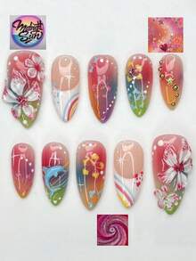 10pcs Gradient Ocean Beach Style Almond Shape 3D Gel Nail Stickers, Wearable Fake Nails/Acrylic Nail Set, Y2K Sweet & Spicy Girl Style, 3D Flower & Gold Star Decoration, Nail Art Supplies, Suitable For Daily Wear, Date, Party And Travel, Girls Accessories Gift - Multicolor - View 2