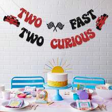 Two Fast Two Curious 橫幅，男孩 2 歲生日賽車主題派對裝飾，嬰兒洗禮賽車 Let's Go 賽車派對用品，黑色紅色亮片 - 賽車 - 查看 4